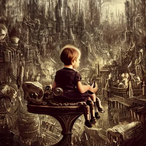 Prompt: a photo of young sad victorian gothic child with big eyes and wide grin sitting on a sofa of bones surrounded by a cyber futuristic cityscape made of human body parts by dan mumford, ultra detailed, 8 k resolution, beautiful lighting, expansive detailed layered city, landscape, 5 0 mm, perfect faces