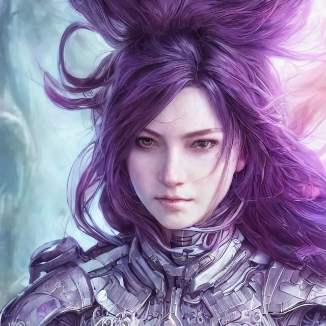 Image similar to close facial portrait of a pale woman in sci - fi armor with a flowing purple, elegant, stoic, intense, ultrafine hyperdetailed illustration by kim jung gi, irakli nadar, intricate linework, sharp focus, bright colors, octopath traveler, final fantasy, hearthstone, highly rendered, global illumination, radiant light, detailed, intricate environment