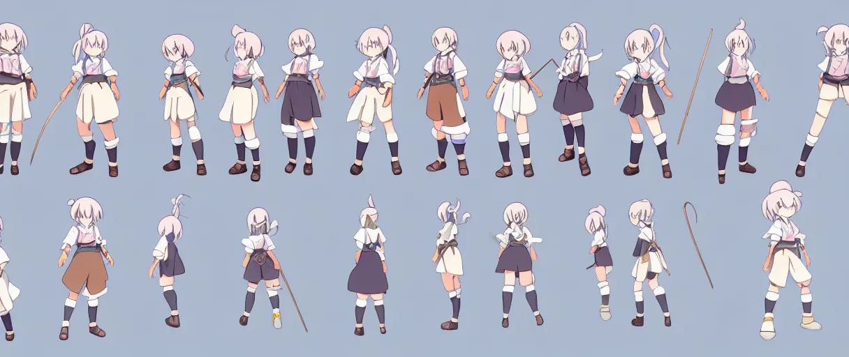 Prompt: a magical adventurer little girl character anime model sheet; in the magical studio ghibli anime; character outfit concepts; trending on artstation, high resolution, highly detailed, clean lines, clear shapes