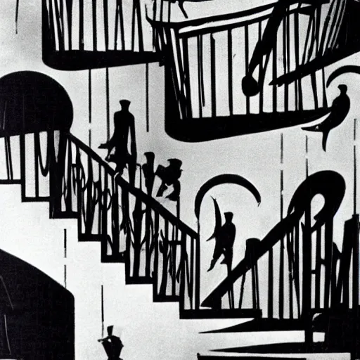 Image similar to Still of a remake of Dr. Caligari as a musical comedy starring Gene Kelly. Large Broadway set with a staircase. Expressionist angle. Technicolor, cinematic