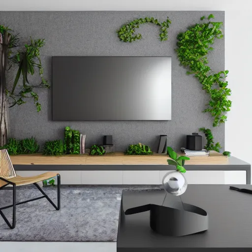 Prompt: a 5 0 meter living room with big television and two plants and pictures on the wall and wall watch unrealengine