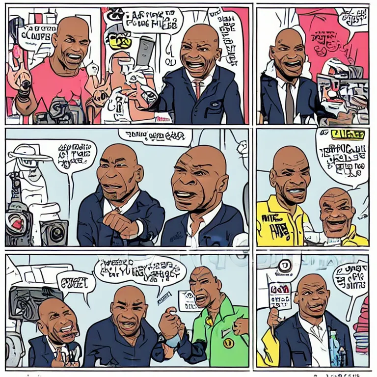 Image similar to Joe Rogan, Mike Tyson and an Alien in the style of a newspaper cartoon.