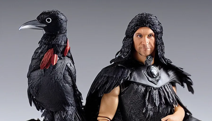 Prompt: action figure in package, man with raven as a head, collectors edition, mint condition