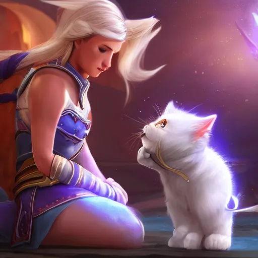 Prompt: jaina proudmoore pets a white kitty, world of warcraft, digital art, dmitry prozorov style, artstation, cute, happy, extremely detailed, volumetric lighting, ultra quality, 8 k