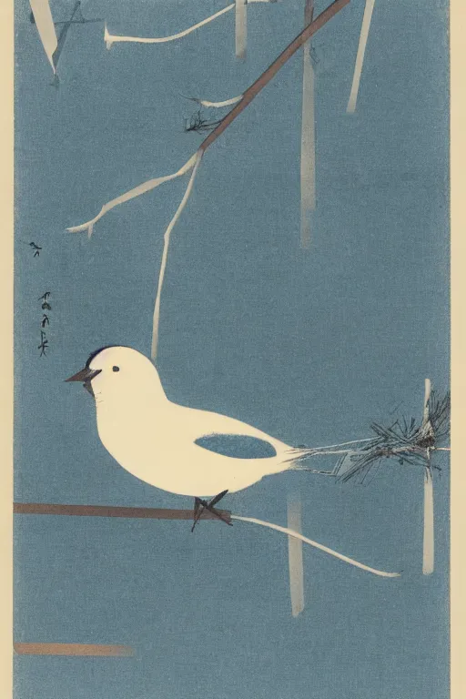 Prompt: a blue and white bird sitting on top of a tree branch, an illustration of by laszlo moholy - nagy, behance, sosaku hanga, cyanotype, photoillustration, calotype