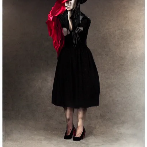 Prompt: half - length portrait of girl in a red hat and black dress, fine art portrait photography by paolo roversi, volumetric lighting, very detailed, high resolution,