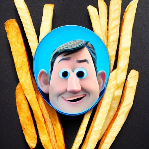 Image similar to photo of [ a single french fry chip ] shaped into stephen fry as a pixar character hybrid intercross mix cinematic lighting