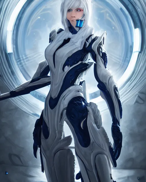 Image similar to perfect white haired girl, warframe armor, beautiful, dreamy, pretty face, blue eyes, portrait, detailed, bright light, scifi, amazing, utopian architecture in the background, laboratory, 4 k, ultra realistic, aura of light, cinematic, high detail, masterpiece, art by akihito tsukushi, akasuki brightmind