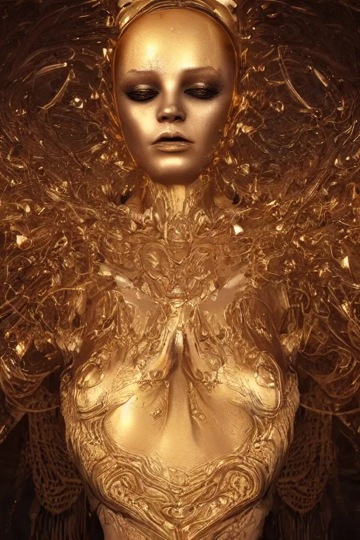 Prompt: portrait photo of a surreal goddess floating in the middle of a gold fluid simulation, ultra super good realistic 3D render by Pete Morbacher and Emil Melmoth, insanely detailed, trending on artstation, sharp focus