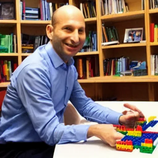 Image similar to A photo of Naftali Bennett playing with legos in his office, high quality