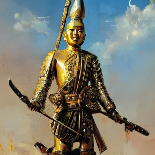 Prompt: statue of a 1 8 th century burmese warrior, john berkey, beautiful digital art, trending on artstation