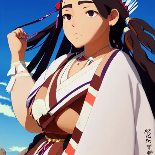 Image similar to a beautiful! plus sized native women instagram model, brown skin, wearing elegant catholic school girl designer fashion with mayan pattern and native style, aztec street fashion, gapmoe yandere grimdark, trending on pixiv fanbox, painted by greg rutkowski makoto shinkai takashi takeuchi studio ghibli, akihiko yoshida