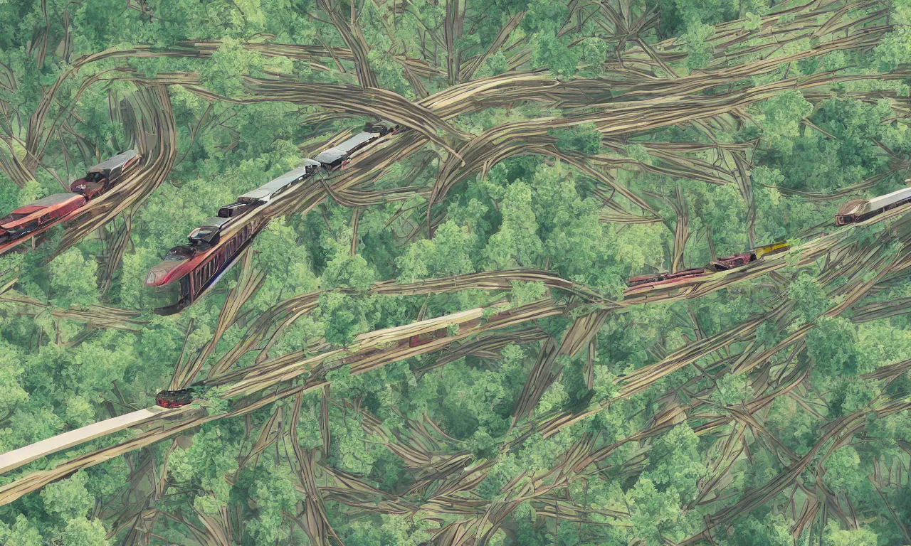 Prompt: riders on top of forested blobs interconnected by high speed rails, digital art, 3d, illustration