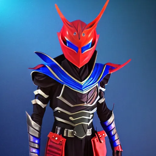 Prompt: High Fantasy Kamen Rider, blue with red secondary color, 4k, glowing eyes, daytime, charcoal color rubber undersuit, dragon inspired armor