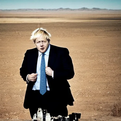 Prompt: A photo of Boris Johnson in Breaking Bad, New Mexico desert, cinematic lighting, cartel