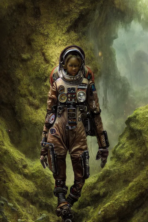 Image similar to a half body portrait of a futuristic steampunk female astronaut full body, symetrical young face steampunk astronaut walking inside a very lush mossy cave by Bastien Lecouffe-Deharme and marc simonetti natural volumetric lighting, realistic 4k octane beautifully detailed render, 4k post-processing