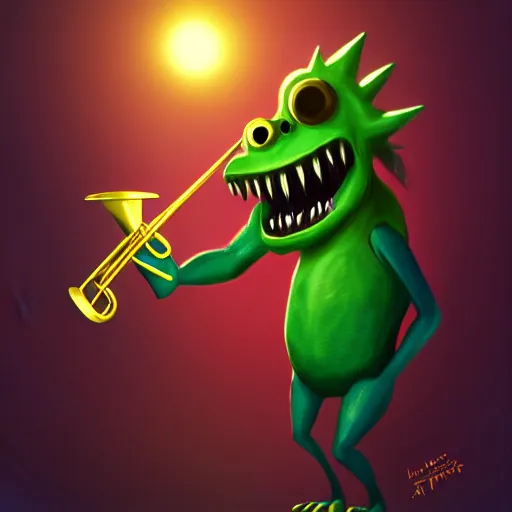 Prompt: joyous monster playing trumpet to cheering audience, artstation, fantasy