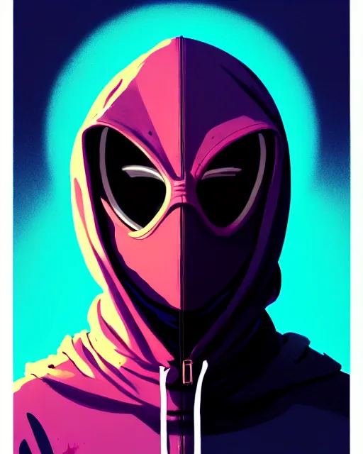 Prompt: synthwave, hyper - realistic portrait of a man in a hoodie, with ninja mask, intricate, 4 k, by atey ghailan, by greg rutkowski, by greg tocchini, by james gilleard, by joe fenton, by kaethe butcher, dynamic lighting, lighting color scheme, sharp focus, grunge aesthetic