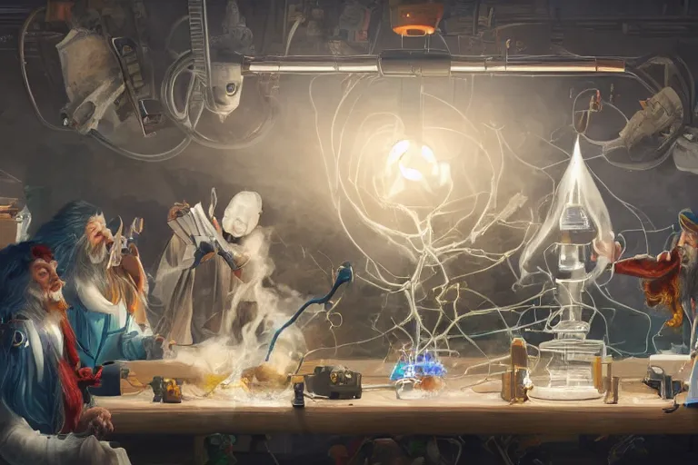 Image similar to a beautiful highly detailed masterpiece photograph of wizards performing cutting edge prompt engineering in a scientific laboratory, trending on artstation