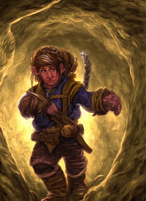 Image similar to A fantasy comic book roleplaying game style portrait painting of a halfling rogue sneaking in a cavern, DAZ, hyperrealistic, ambient light, dynamic light