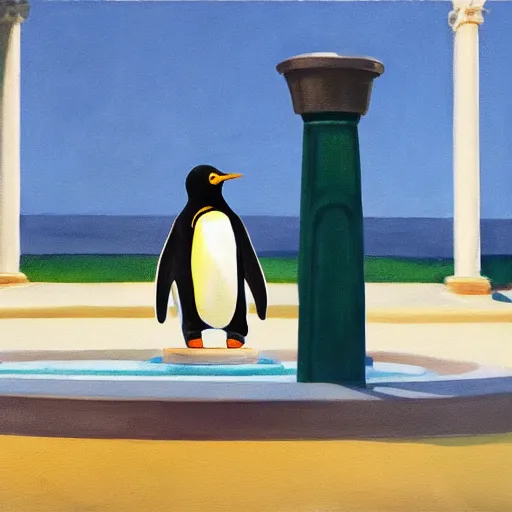 Prompt: a fine art painting of the penguin from planet coaster in a water fountain in the style of edward hopper and wes anderson.