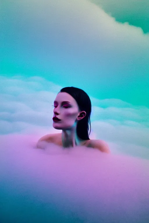 Image similar to high quality pastel coloured film close up wide angle photograph of a model wearing clothing swimming on cloud furniture in a icelandic black rock!! environment in a partially haze filled dreamstate world. three point light, rainbow. photographic production. art directed. pastel colours. volumetric clouds. pastel gradient overlay. waves glitch artefacts. extreme facial clarity. 8 k. filmic.