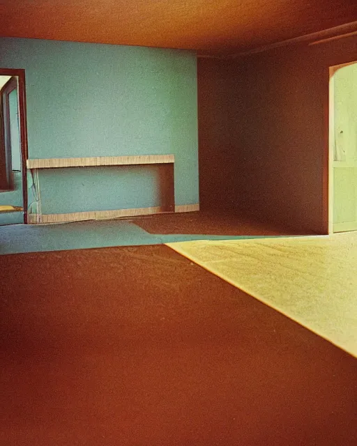 Image similar to the empty interior of a house in devonshire that was built in the 1 9 7 0 s, painterly, offset printing technique, photographed on kodachrome by brom, robert henri, walter popp, cinematic lighting, various refining methods, micro macro autofocus, ultra definition, award winning photo
