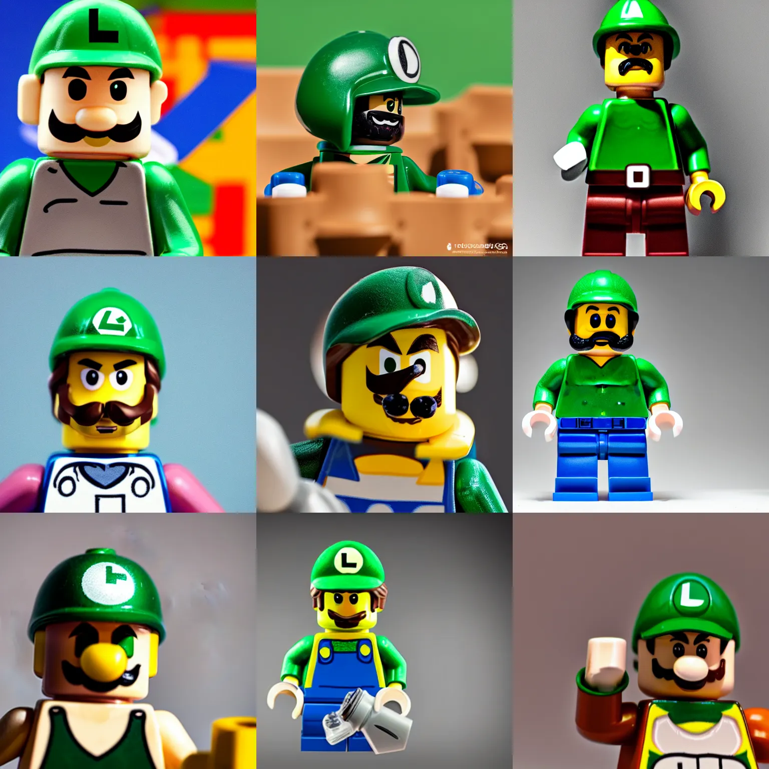 Prompt: lego figurine of luigi, studio lighting, macro lens, high quality