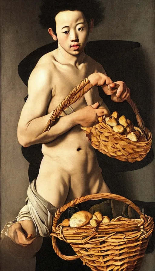 Prompt: hyperrealistic still life painting of a young man with a basket of bao by Caravaggio, botanical print