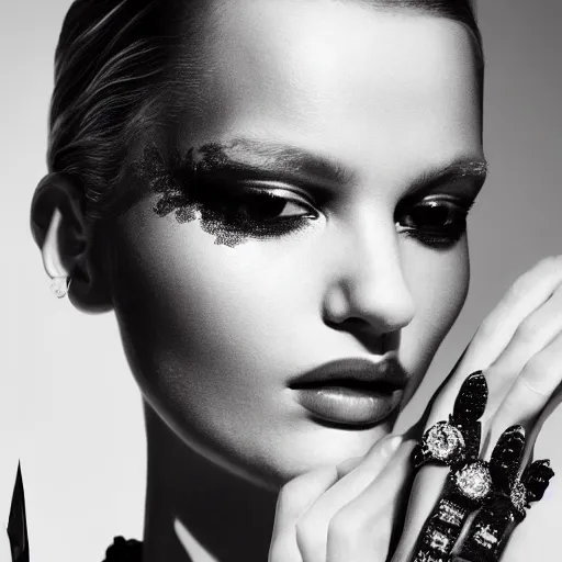 Prompt: close up of face of a fashion model in luxury dress, black background, official dior editorial, highly detailed