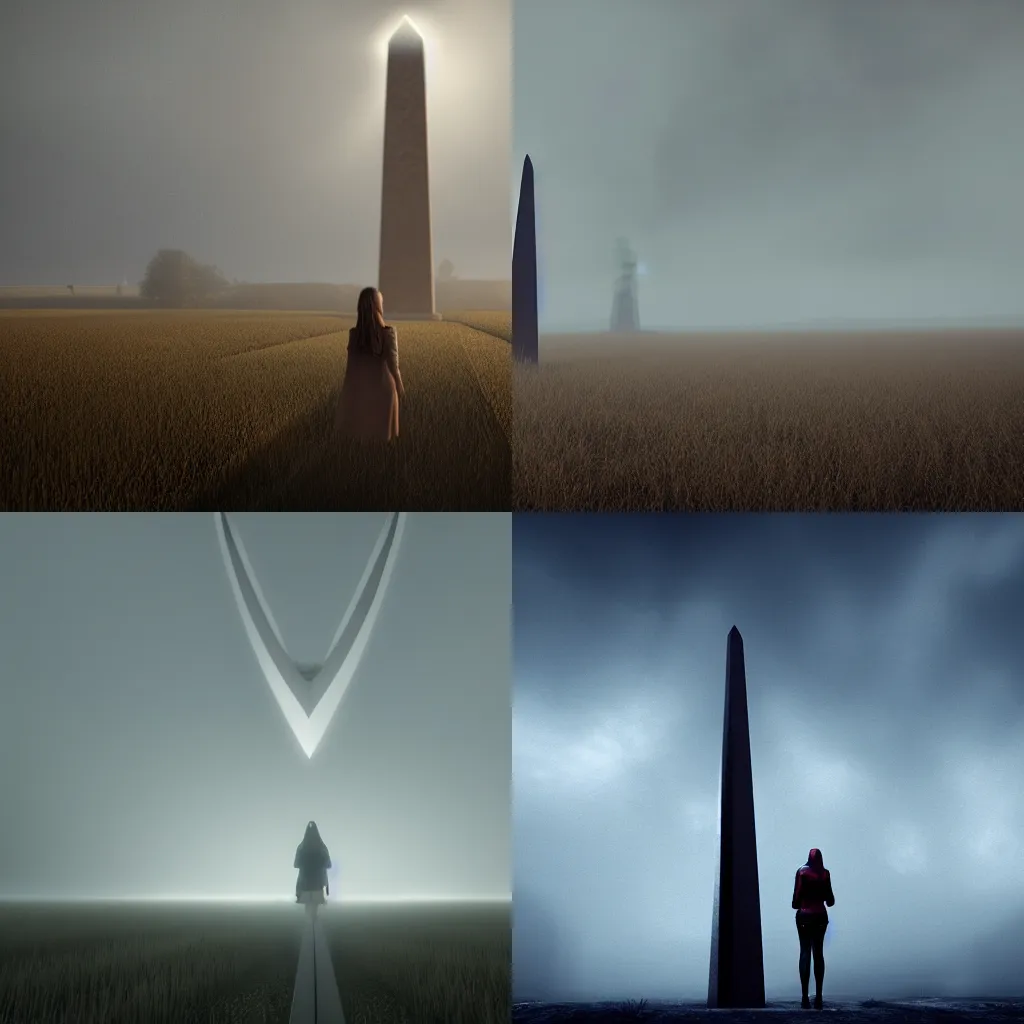 Prompt: woman looking at an ominous obelisk in the middle of a misty wheat field at night, unreal engine, halo, 4k, trending on artstation, bright lights