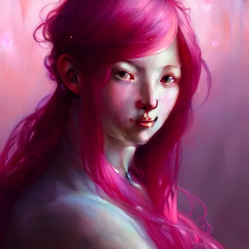 Image similar to Portrait of a eurasian girl with pink hair, glowing skin, fantasy, intricate, elegant, highly detailed, digital painting, artstation, concept art, smooth, sharp focus, illustration, art by Krenz Cushart and Artem Demura and alphonse mucha