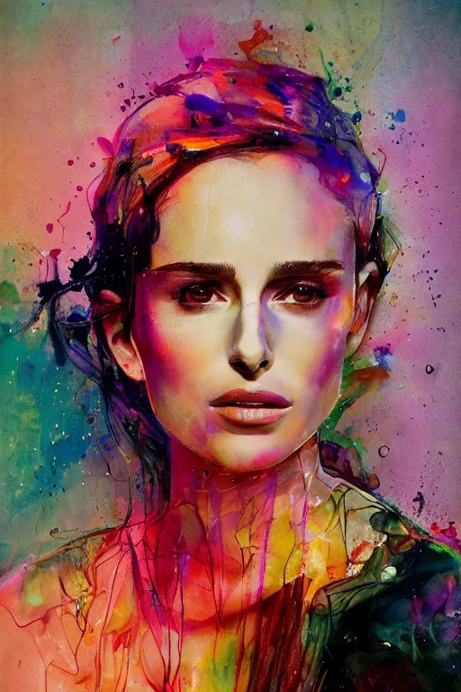 Image similar to nathalie portman by agnes cecile enki bilal moebius, intricated details, sitting on a stool, full body portrait, extremely luminous bright design, pastel colours, drips, autumn lights