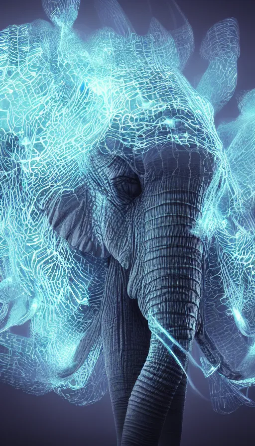 Image similar to 8K UHD Houdini Recursive structure, a fractal elephant, background bioluminescent swirling smoke wisps, natural gradient palette, volumetric lighting, 18 mm lens