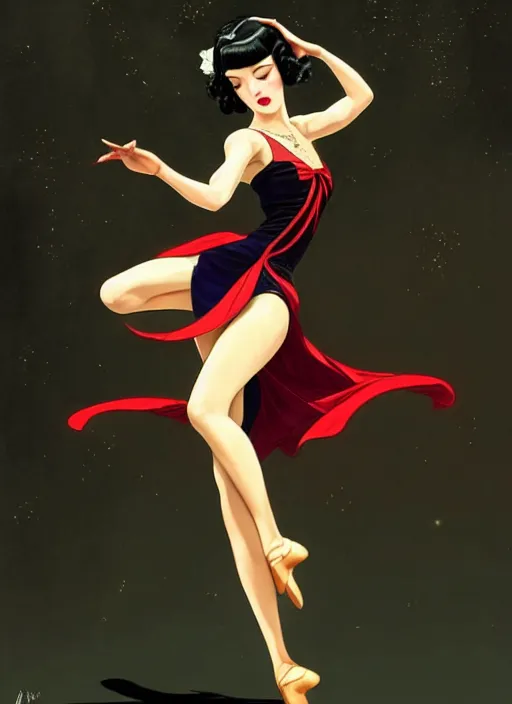 Image similar to a beautiful dancer with black hair in 1930's fashion, ballroom background, intricate, highly detailed, digital painting, artstation, official media, anime key visual, concept art, rich vivid colors, ambient lighting, sharp focus, illustration, art by Artgerm, Makoto Shinkai, Ilya Kuvshinov, Lois Van Baarle, and Rossdraws