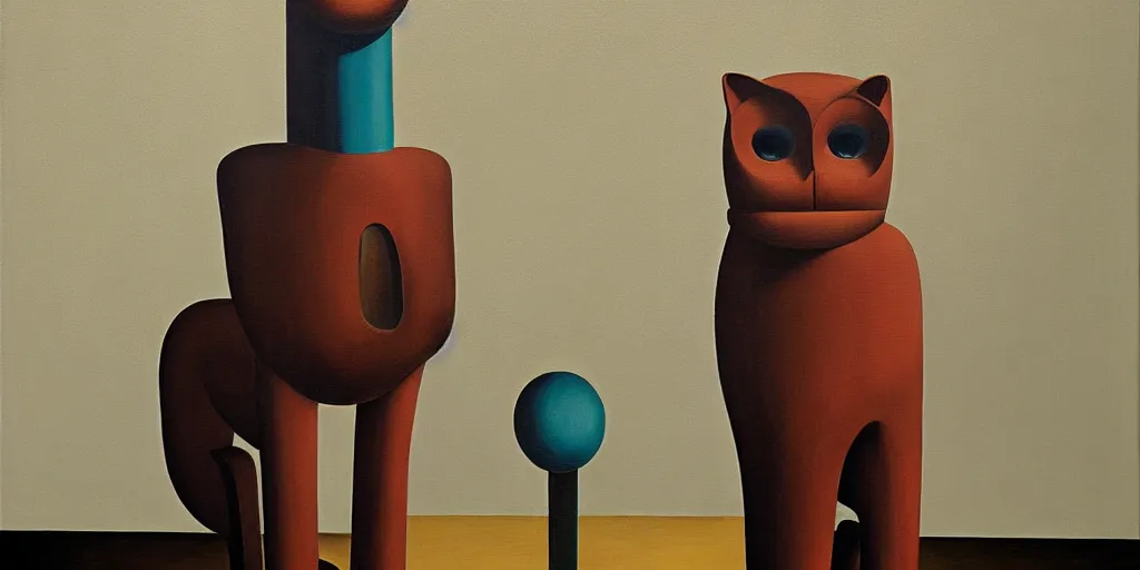 Image similar to brutalist feline robot portrait, grant wood, pj crook, edward hopper, oil on canvas