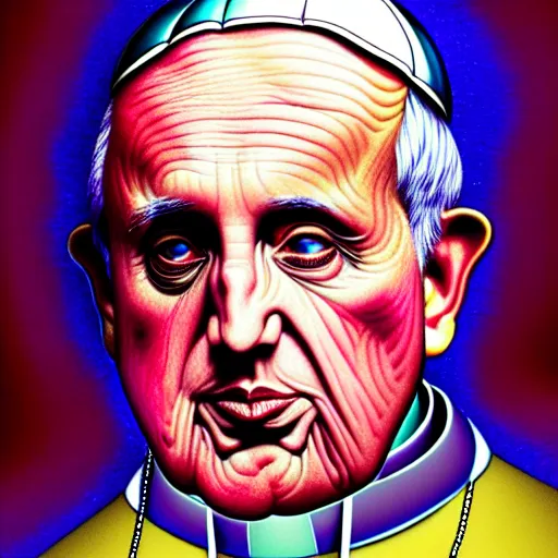 Prompt: an extremely psychedelic portrait of the pope, surreal, lsd, face, detailed, intricate, elegant, lithe, highly detailed, digital painting, artstation, concept art, smooth, sharp focus, illustration
