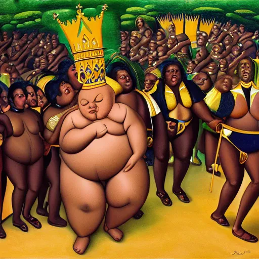 Prompt: an extremely obese ssbbw africn queen with a golden crown being carried through a vast and endless open air buffet by an army of servants, by fernando botero.