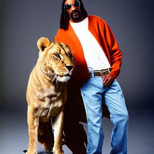 Prompt: Snoop Dogg holding a Lion for a 1990s sitcom tv show, Studio Photograph, portrait, C 12.0