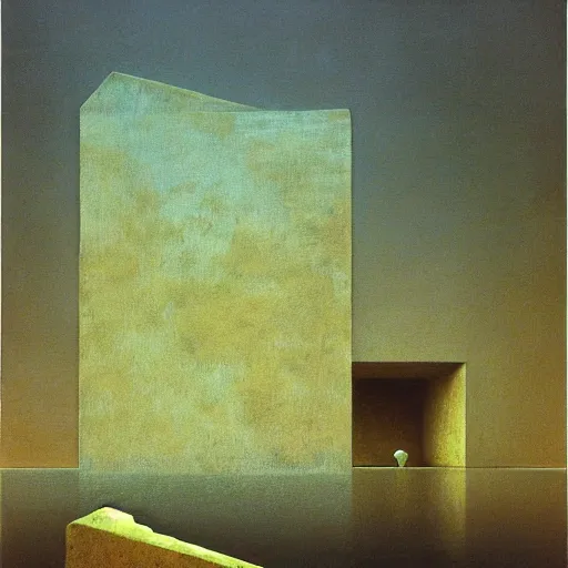 Prompt: floating rectangular slabs in the background, zdzislaw beksinski