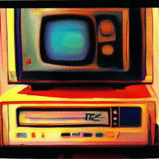 Image similar to array of crt televisions, tv static, antenna, stacked, polaroid, steroids, adult video store, impressionist painting, painting, oil painting, cell shaded, fuzz