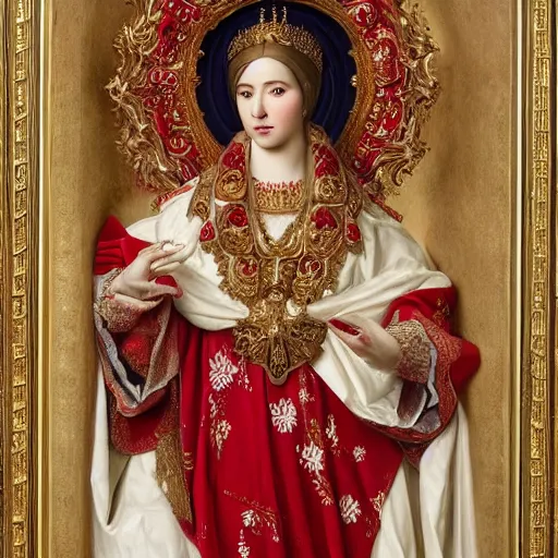 Prompt: portrait gracious saint, ornate headdress, craving filigree carved out of ivory, draped with red hybiscus, flowing robes, intricate insanely detailed