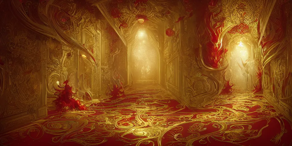 Image similar to white porcelain creature with golden edges, in a giant red porcelain hallways with golden ornaments on the walls, concept art, artstation, by anato finnstark