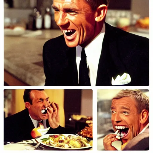 Prompt: James Bond laugh in front of his food