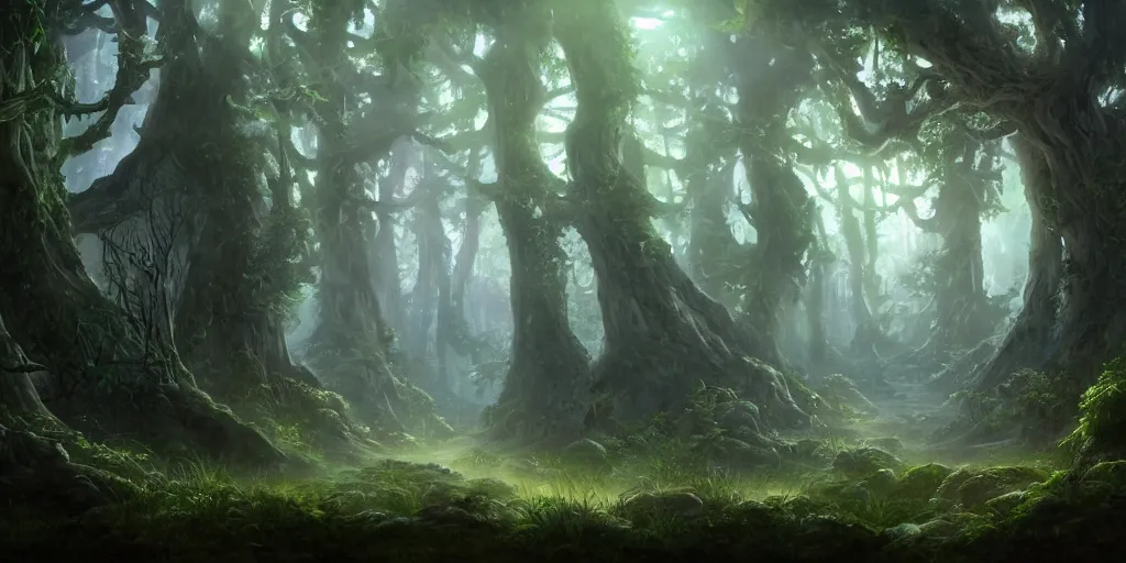 Prompt: a highly detailed matte painting of a mystical forest with glowing plants, featured on Artstation