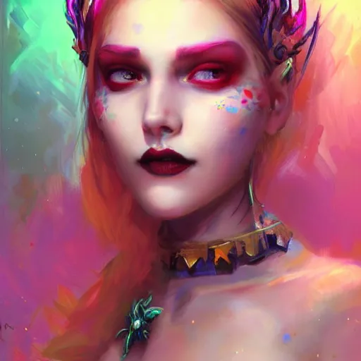 Prompt: Portrait of gothic smiling pale girl with piercing in bikini armor, bright colors, elegant, vibrant, fantasy, intricate, smooth, artstation, painted by edgar maxence, greg rutowski, ross tran, artgerm