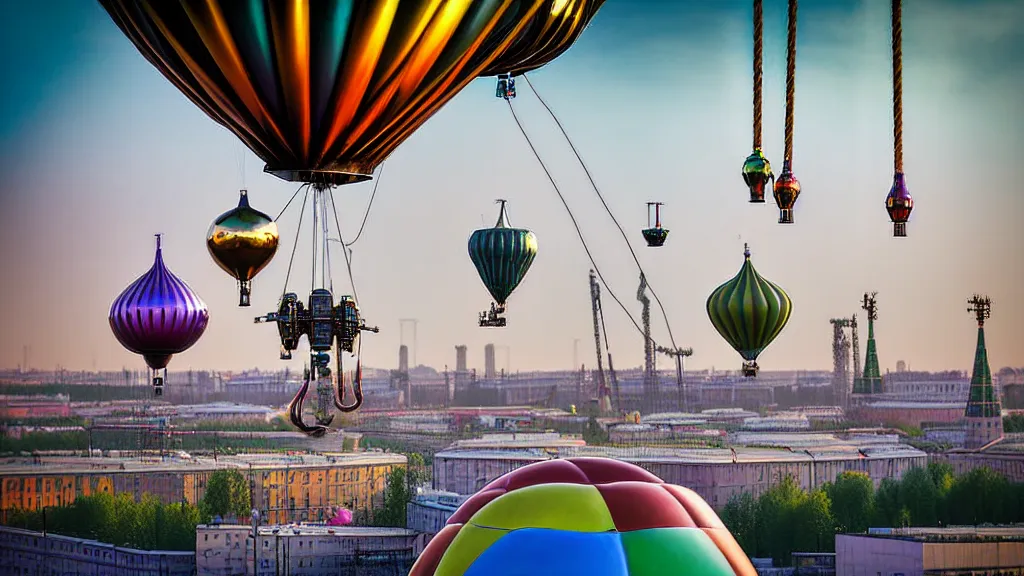 Prompt: large colorful futuristic space age metallic steampunk steam - powered balloons with pipework and electrical wiring around the outside, and people on rope swings underneath, flying high over the beautiful moscow city landscape, professional photography, 8 0 mm telephoto lens, realistic, detailed, photorealistic, photojournalism