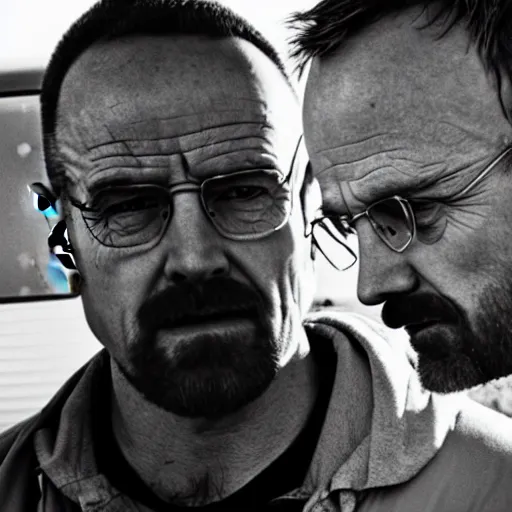 Image similar to a still from breaking bad of Jesse Pinkman kissing Walter White, close-up, highly detailed skin