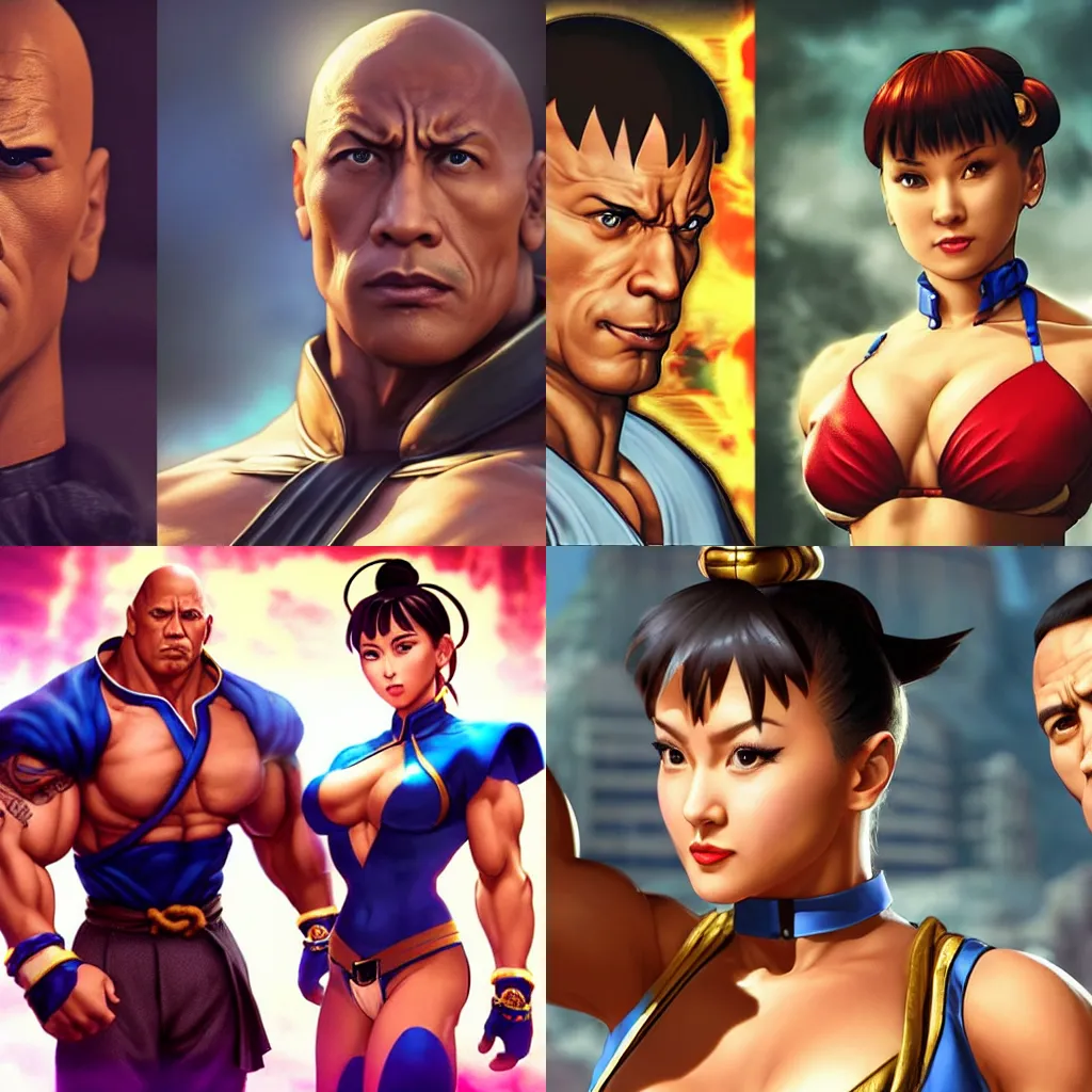 Prompt: street fighter chun li with dwayne johnson's face reminiscent of dwayne johnson, face as of dwayne johnson, looks like dwayne johnson with dwayne johnson's face and dwayne johnson's head, female outfit, intricate, epic lighting, cinematic composition, hyper realistic, 8k resolution, unreal engine 5, by Artgerm, tooth wu, dan mumford, beeple, wlop, rossdraws, James Jean, Andrei Riabovitchev, Marc Simonetti, yoshitaka Amano, Artstation