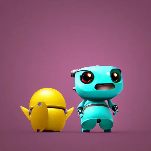 Prompt: two small chubby bots, colourful, smooth panelling,, intricate detail, pushing a battery, style of cute pokemon, with damaged rusty arms, broken antenna, recycled, floating, white studio, oil, mechanical, cute toy, wall - e, ambient light, in the style of pixar animation, pokedstudios, hyperdetailed, blender, octane render, 8 k,